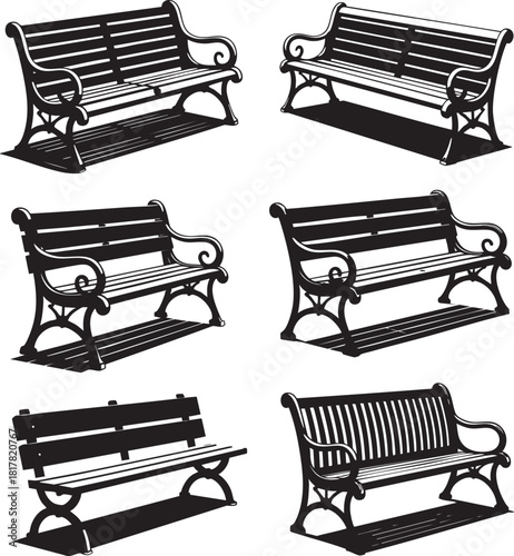 Six distinct black and white illustrations of classic park benches with decorative metalwork and slatted seats, arranged in a grid.