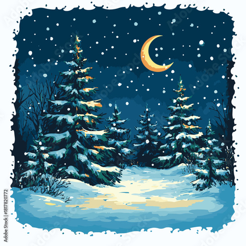 Winter Night Landscape with Snow-Covered Pine Trees and Crescent Moon  , vector style simple color