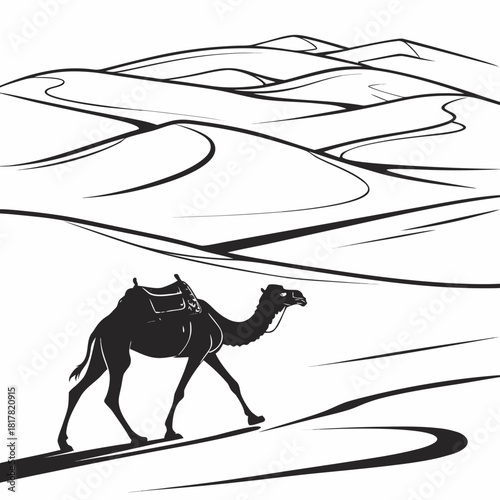 A lone camel walks across vast desert sand dunes under a clear sky, depicted in a minimalist black and white line art style, isolated on