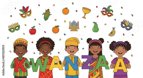Kwanzaa Happy Children Celebration African American Kids Holding Letters Festival Fruits Corn Kinara Unity Cup Swahili Umoja Mazao Mkeka Joyful Culture Vector Illustration Design Banner
