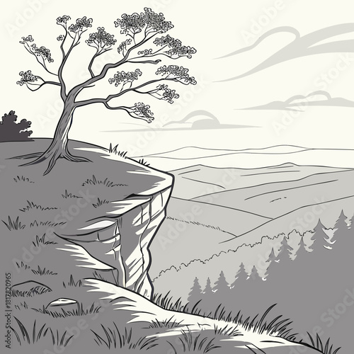 A resilient tree stands on a dramatic cliff, overlooking a vast valley of rolling hills and distant forests under a textured sky, monochrome illustration