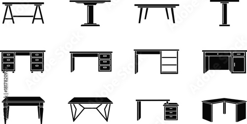 Silhouette collection of desks and tables with various designs including modern, classic, corner, pedestal, and drawer styles for office furniture