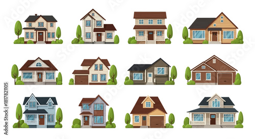 Residential House Icons Set - Diverse Flat Vector Illustrations of Modern Family Homes