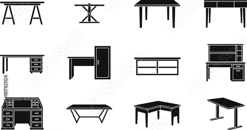 Silhouette collection of desks and tables with various designs, including modern, classic, corner, hutch, and roll‑top styles for office furniture