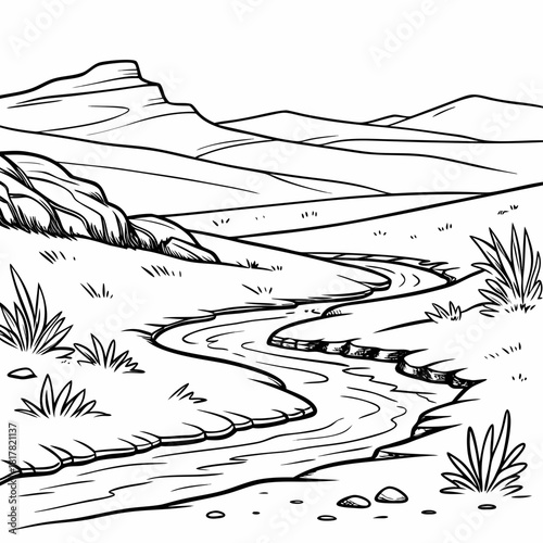 Black and white line art of a winding river flowing through a serene valley landscape with gentle rolling hills and distant mountains
