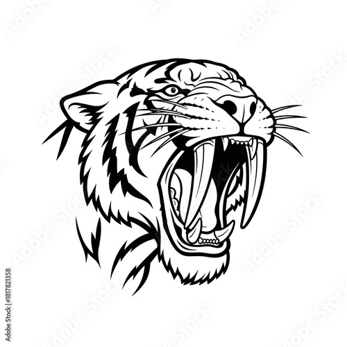 Aggressive roaring tiger head illustration in black and white, featuring fierce eyes and sharp fangs.