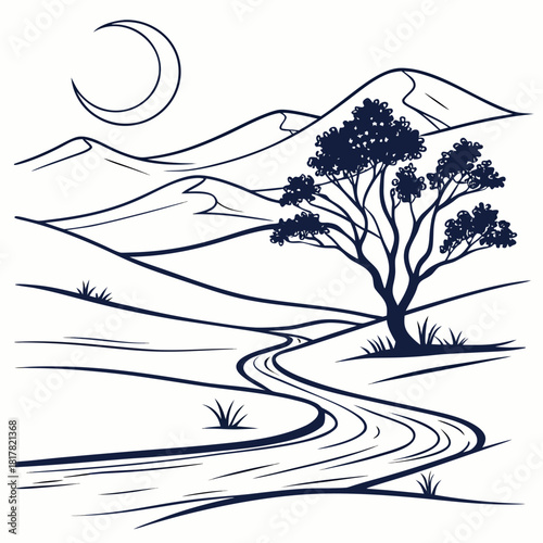 Line art of a tranquil desert night with a solitary tree, winding river, sand dunes, and a crescent moon, isolated on white