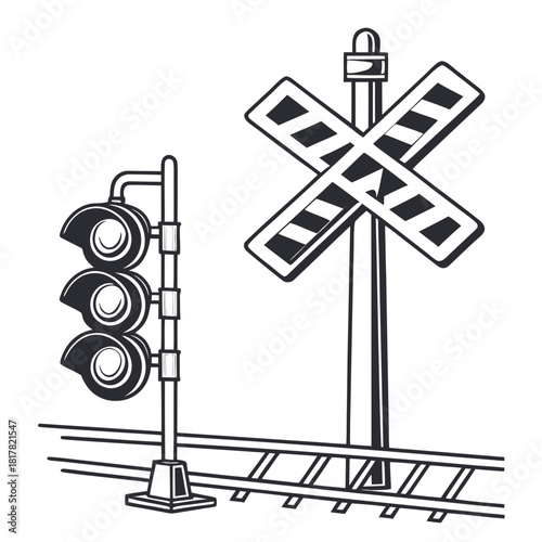 Railroad crossing with a traffic light and a crossbuck sign, indicating a railway intersection, isolated on