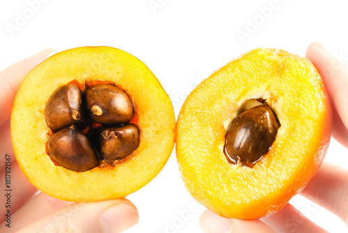 Quadro su tela Fresh Loquat Fruit Cut in Half Showing Seeds - Yunnan Panzhihua Mountain Exotic