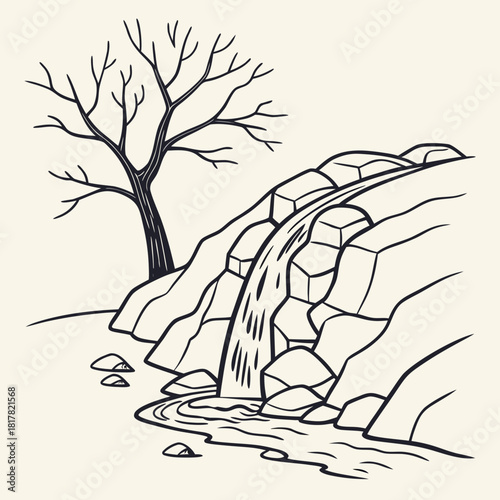 Black and white line art illustration of a tranquil natural landscape featuring a waterfall cascading over rugged rocks into a flowing stream, with a bare tree