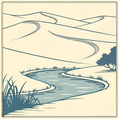 Retro illustration of a peaceful desert landscape with rolling sand dunes, a winding river, and sparse vegetation, capturing the tranquility of nature