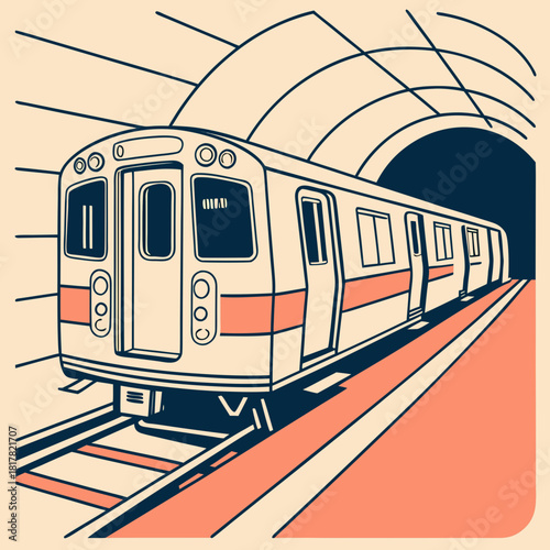 A retrostyle illustration of a subway train traveling through a tunnel, featuring bold outlines and a limited color palette, depicting urban public transit