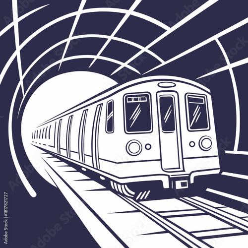 A modern subway train in white outline speeds out of a dark, curving tunnel, symbolizing urban public transportation and rapid transit