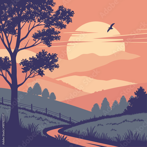 Stylized landscape illustration of a tranquil rural scene with a winding path, a tree, hill, and a large sun over mountain, with a bird in flight