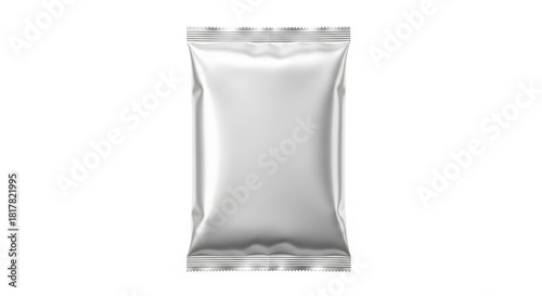 A single empty silver foil sachet or packet mockup, with crimped edges isolated on white background