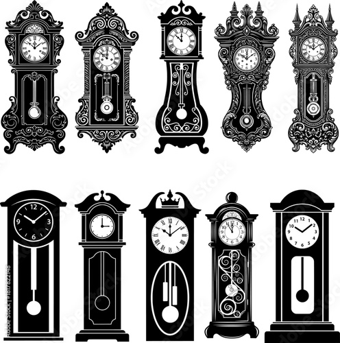 Elegant Black and White Silhouette Collection of Antique Grandfather Clocks