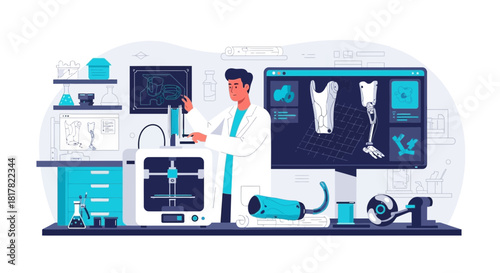 Biomedical engineer crafting prosthetic limb using 3D printing in a modern laboratory
