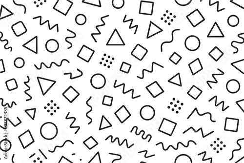 Minimal black and white vector Memphis background featuring simple geometric linework and abstract shapes, modern balanced layout ideal for posters, branding, digital assets, and visual design work.
