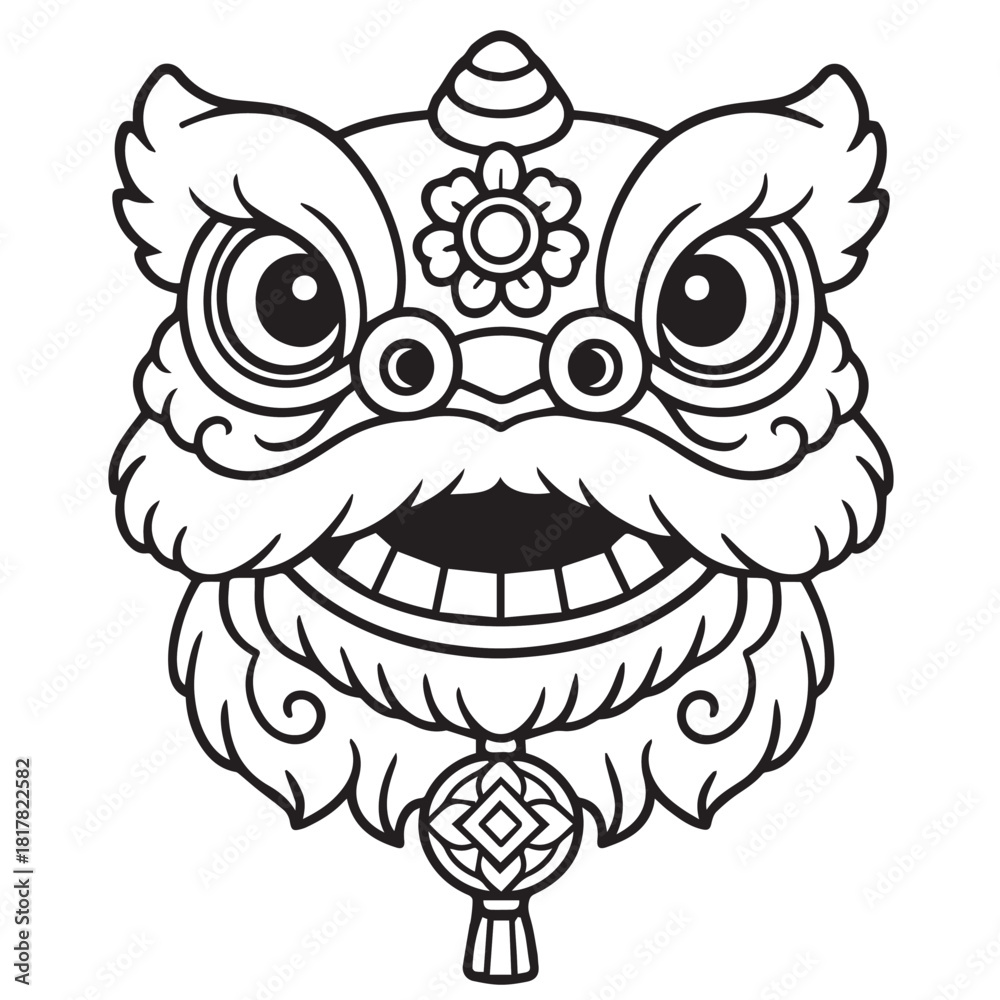 Obraz premium Black and white vector of a lunar Chinese lion dance head, detailed lines, bold contrasts, traditional patterns, festive energy, cultural symbolism, expressive eyes with ornate strokes art.