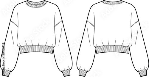 Women’s cropped sweatshirt flat sketch with ribbed cuffs and hem, loose fit pullover top technical fashion drawing template for design
