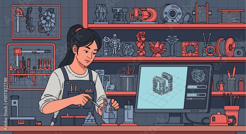 Creative woman crafting intricate designs with 3D printing and meticulous handiwork