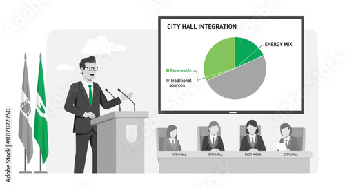 Municipal leader presenting city hall integration of renewable and traditional energy