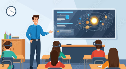 Virtual reality enhances a science teacher's lesson about planets in a classroom