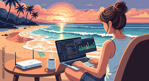 Remote worker embraces island life: coding on the beach for ultimate productivity