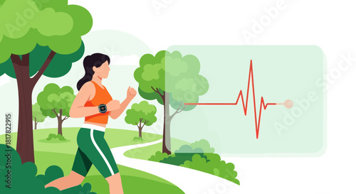 Woman jogging in nature while monitoring her heartbeat with smartwatch app