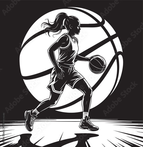 A striking black and white illustration captures a female basketball player dribbling with intensity against a large, stylized basketball.