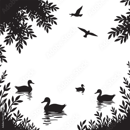 Black silhouette ducks swimming on water with birds flying above