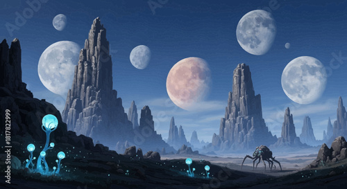 Exoplanetary landscape with glowing flora, monolithic formations and multiple moons in the sky