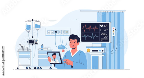 Telemedicine Consultation: Doctor's Virtual Visit in Modern Hospital Room