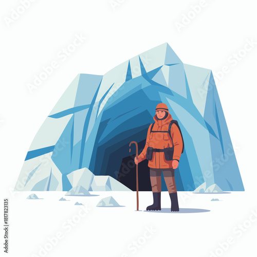 A person in warm winter clothing stands in front of a blue ice cave entrance in a snowy arctic landscape.
