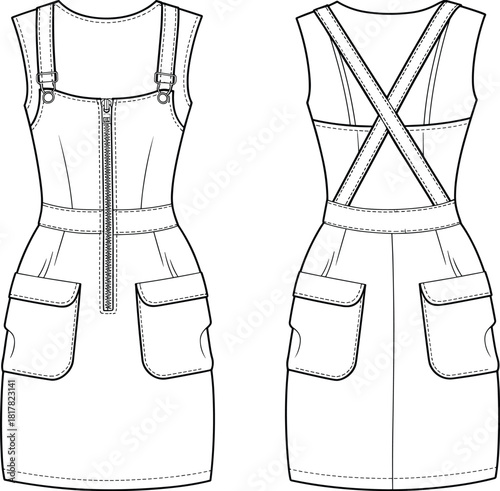 Women’s utility pinafore dress with front zipper, cross-back straps, cargo pockets, detailed fashion flat sketch, apparel template, CAD drawing flat vector illustration