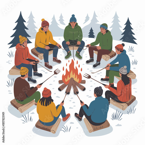 A diverse group of friends gathered around a warm campfire in a snowy winter forest, roasting marshmallows and enjoying a cozy outdoor social gathering.