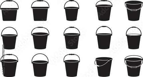 Silhouette collection of various bucket designs with different shapes, handles, and rims, industrial and household containers for construction, cleaning, and utility use