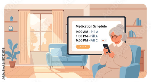 Senior woman using medication reminder app, managing healthcare and digital health