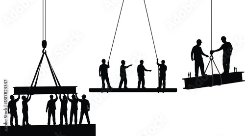 Silhouette construction workers guiding and standing on steel beams suspended by cranes, teamwork, heavy lifting, industrial labor, and building construction site illustration