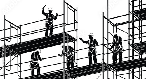 Silhouette construction workers on scaffolding with safety helmets and harnesses, teamwork, industrial labor, building site activity, and occupational safety illustration concept
