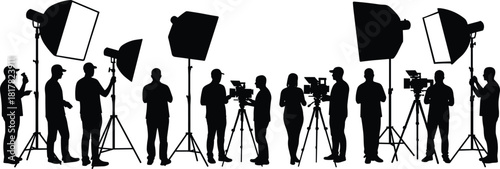 Silhouette film and video production crew with cameras, tripods, lighting equipment, softboxes, spotlights, professional studio team working together in collaborative environment