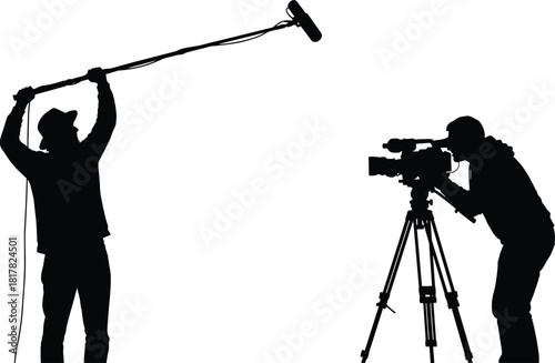 Silhouette illustration of cameraman with tripod, boom microphone operator recording sound, professional film crew teamwork, video production, behind the scenes vector design