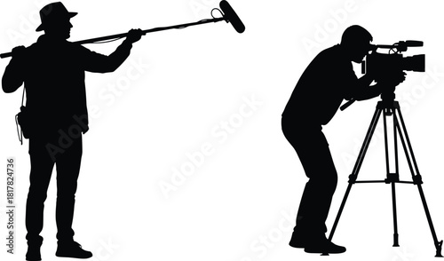 Silhouette illustration of film crew with cameraman on tripod, boom microphone operator recording sound, professional video production teamwork, behind the scenes concept vector