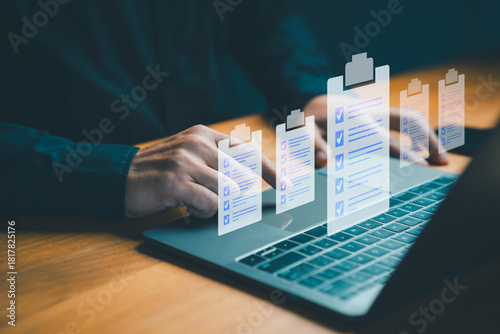Digital checklist concept showing a person working on a laptop with task icons, representing workflow management, online productivity tools, project planning, and efficient digital organization.