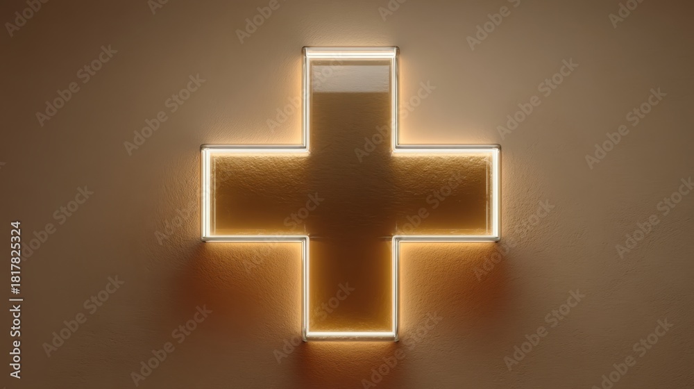 Obraz premium A glowing medical cross symbol on a textured wall, suggesting themes of health, care, and wellness.