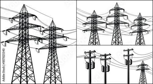 Silhouette illustration of transmission towers, high voltage power lines, wooden utility poles with transformers, electricity distribution system, rural and urban energy infrastructure vector design