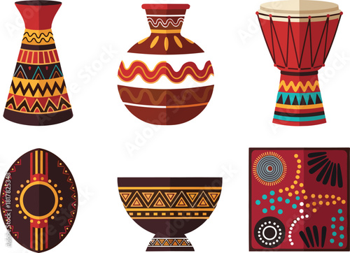 African tribal art objects collection, traditional decorated pottery and drum, ethnic cultural crafts illustration, colorful indigenous pattern design