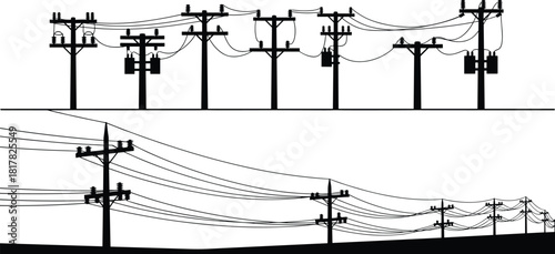 Silhouette illustration of utility poles with power lines, urban and rural electricity distribution, energy infrastructure, electrical grid system, transformer support, vector design