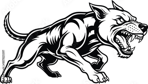 Aggressive fierce attack dog illustration, muscular wild canine mascot design, dangerous snarling animal artwork for logo, tattoo, emblem, and branding