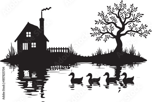 Black silhouette of a house and tree reflected in water with ducks